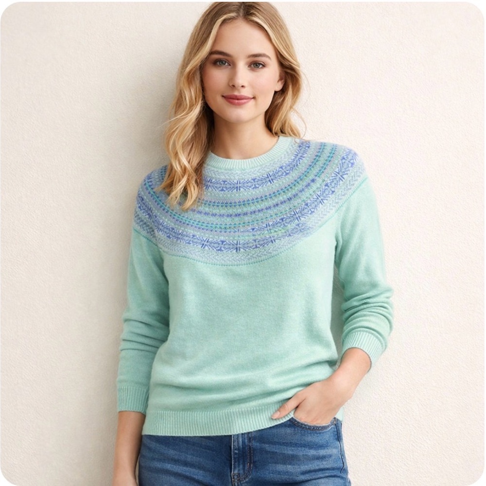 TALBOTS Women's Mint Green Sweater with Blue Pattern